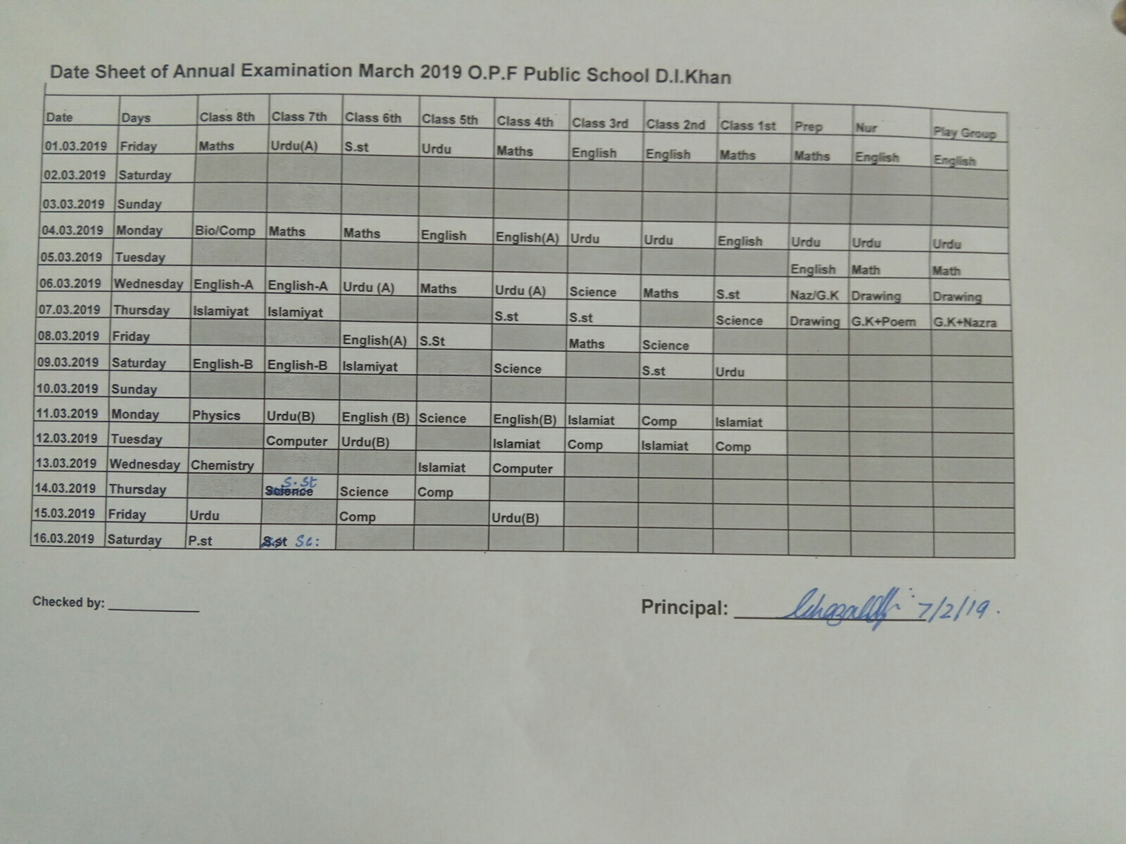 Date Sheet