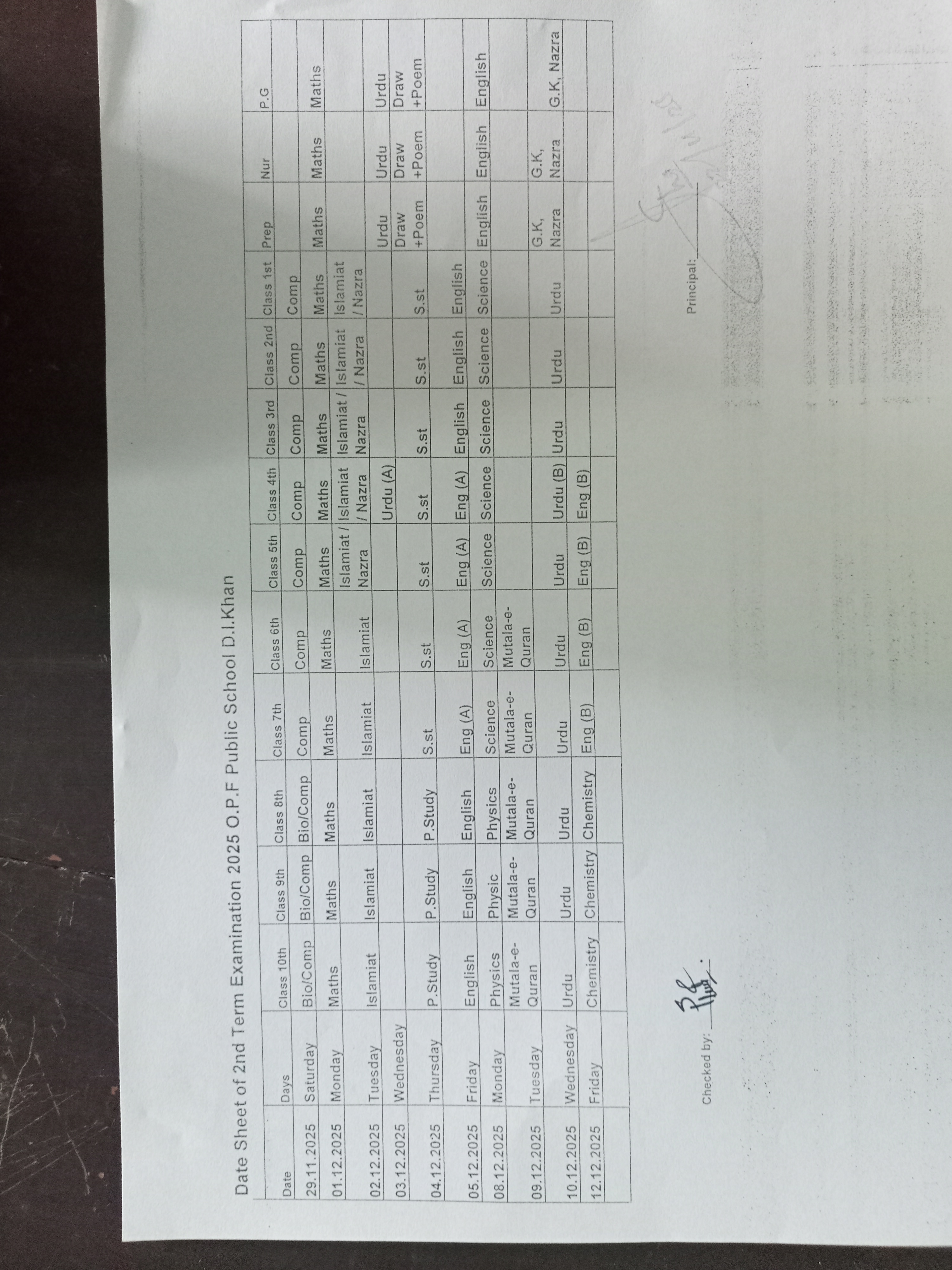 Date Sheet for 2nd Term Exams , 2025-2026